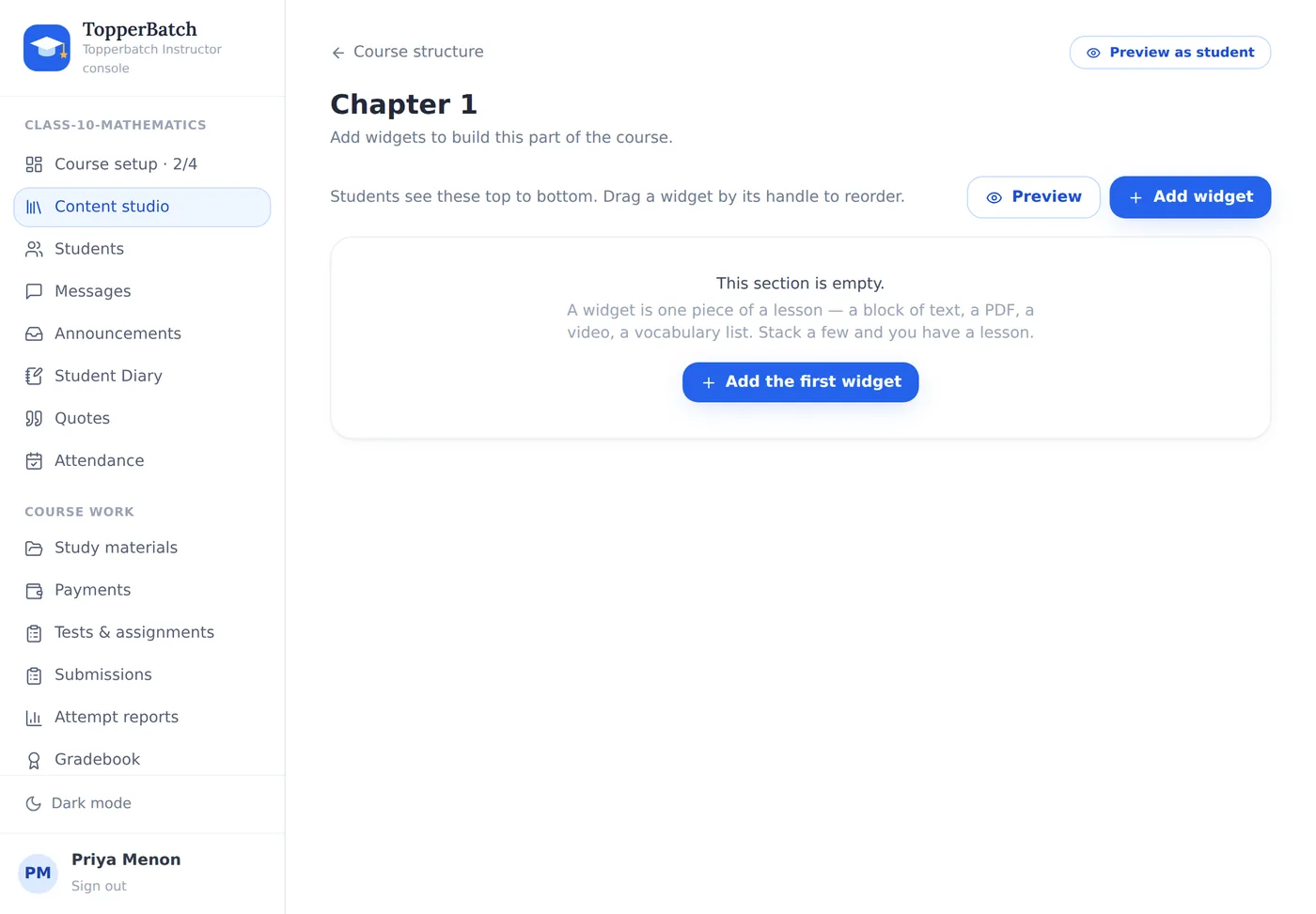 An empty section explains what a widget is before asking you to add one.