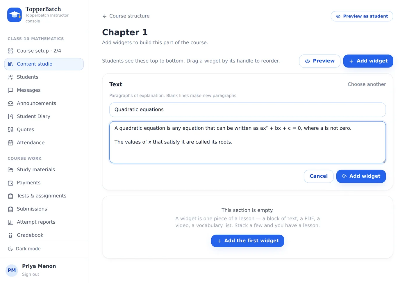 The Text widget. The placeholder shows the exact format expected.